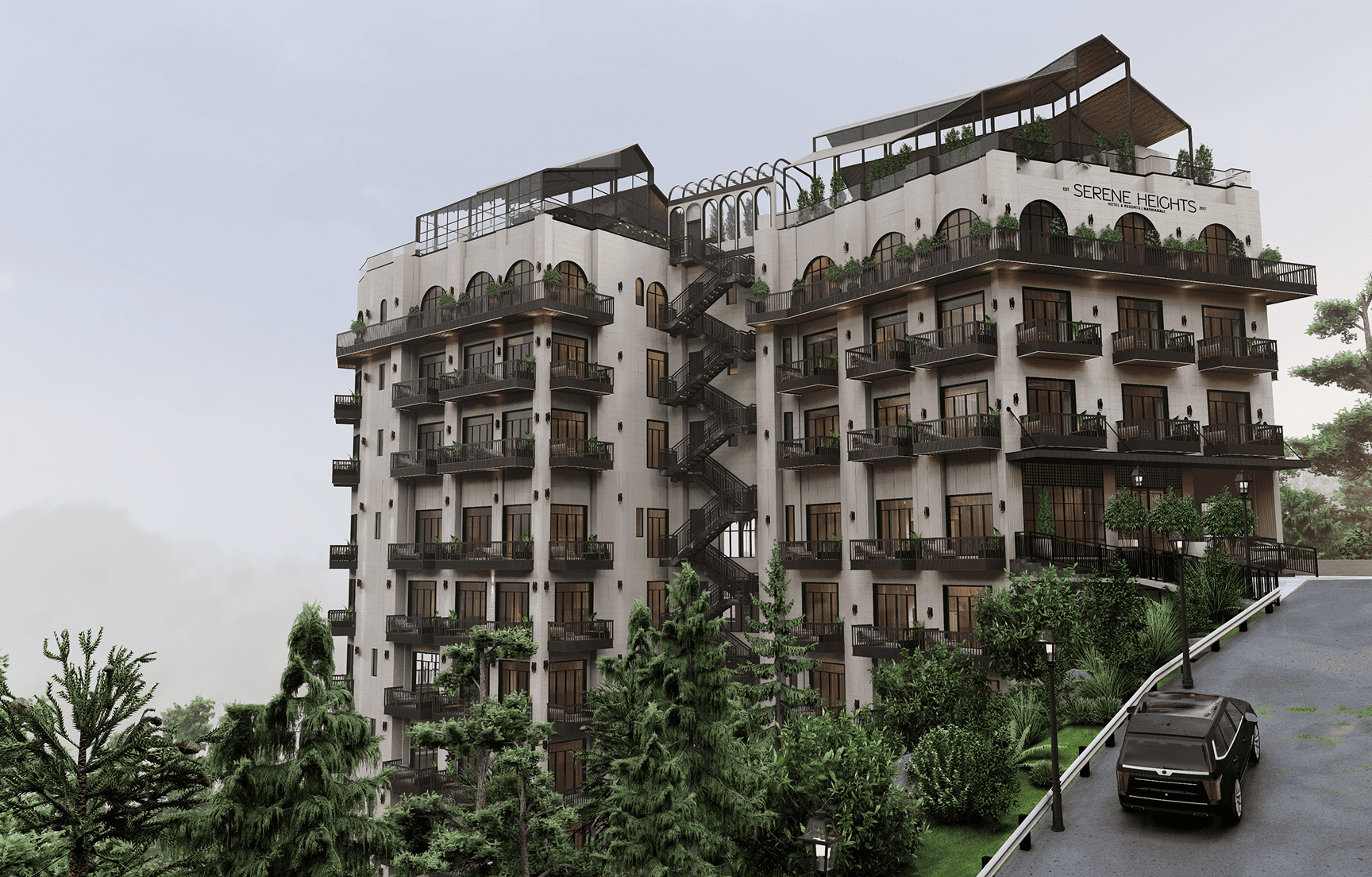 Serene Heights Nathia Gali luxury resort exterior with mountain valley view at 7906 ft